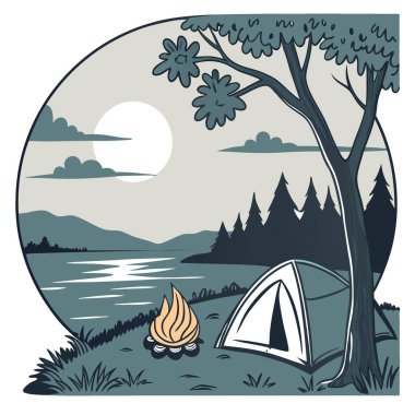 Bulutlu bir gökyüzünün altında parlayan bir kamp ateşiyle sakin bir gölün yanında kamp kurmuşlar. Vektör simgesi
