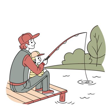 Balık tutan bir baba ve oğul. Rıhtımdaki gölde balık tutan bir çocuk ve baba. - Evet. Yapay zeka üretildi. Vektör simgesi