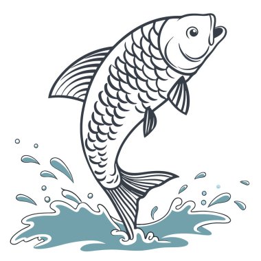 Sudan fırlayan çizgili bir sazan. Yapay zekanın ürettiği su damlacıklarını yaratıyor. Vektör simgesi