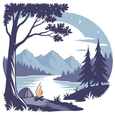 Huzurlu gölün yanında güzel bir kamp ateşi ve alacakaranlıkta dağlarla yapay zeka oluşturuldu. Vektör simgesi