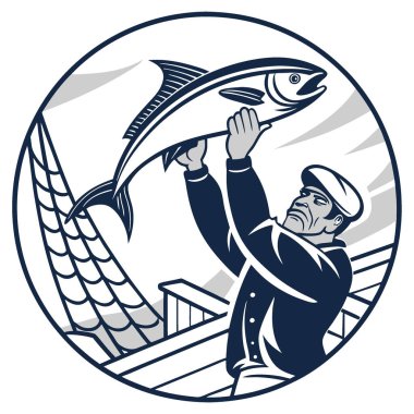 Balıkçı, okyanus macerası ve takım çalışması ile yakın plan çekim yapıyor. Yapay zeka üretildi. Vektör simgesi