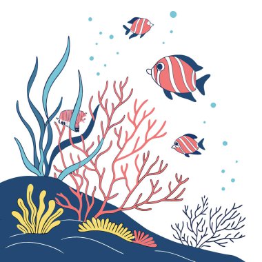 Temiz Beyaz Arkaplan Karşısında Canlı Renkler Gösteren Büyüleyici Mercan Resifi. Yapay zeka üretildi. Vektör simgesi