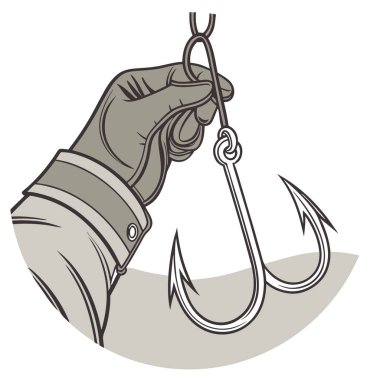 Bulanık bir arka planda yapay zekanın oluşturduğu kancaları tutan eldivenli bir elin yakın çekimi. Vektör simgesi