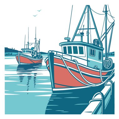 Balıkçı tekneleri limana yanaştı. Sakin su, yapay zekanın yarattığı canlı renkleri yansıtıyor. Vektör simgesi