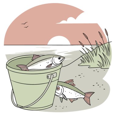 Sabahın erken saatlerinde suyun kenarında yeşil bir kovada taze yakalanmış balık. - Evet. Yapay zeka üretildi. Vektör simgesi