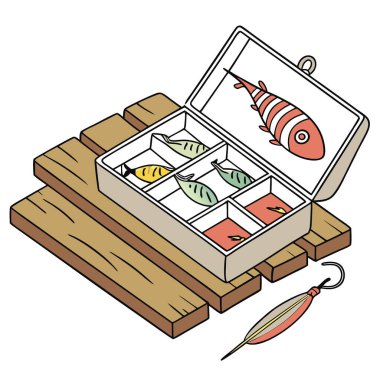 Açık balıkçı çantası ahşap yüzeyde renkli organize yemler sergiliyor. Yapay zeka üretildi. Vektör simgesi