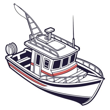 Kulübesi ve güvertesi olan stilize bir balıkçı teknesi. Yapay zekanın ürettiği deniz aktiviteleri için tasarlandı. Vektör simgesi