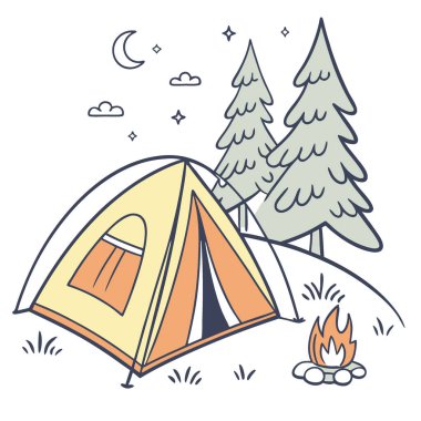 Kamp ateşi olan bir çadır ikonu. Yapay zekanın yarattığı açık hava maceralarını ve kamp gezilerini sembolize ediyor. Vektör simgesi