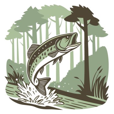 Ormanda Sudan Atlayan Büyük Ağızlı Bas 'ın Dinamik Görüntüsü. - Evet. Yapay zeka üretildi. Vektör simgesi