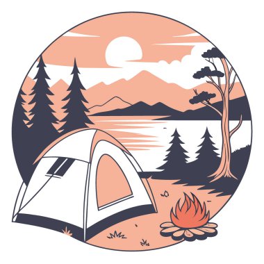 Gün batımında sakin bir gölün kenarında parlayan bir çadır ve kamp ateşi olan kamp sahnesi yapay zeka oluşturdu. Vektör simgesi