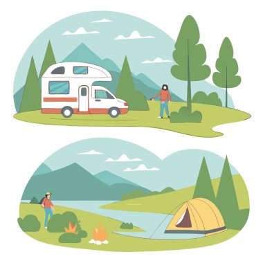 Açık havayı keşfetmek karavanın manzaralı yerlerde kamp yapmanın zevklerini keşfetmek. Yapay zeka üretildi. Vektör simgesi