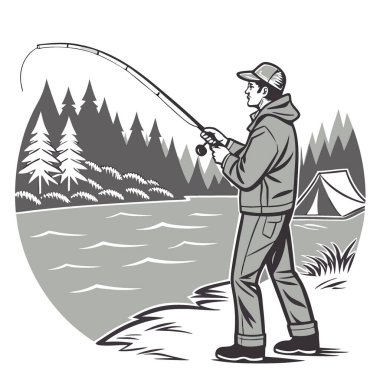 Yapay zekanın oluşturduğu bir kamp gezisinde gölde balık tutan yalnız bir adamın yatay profil çekimi. Vektör simgesi