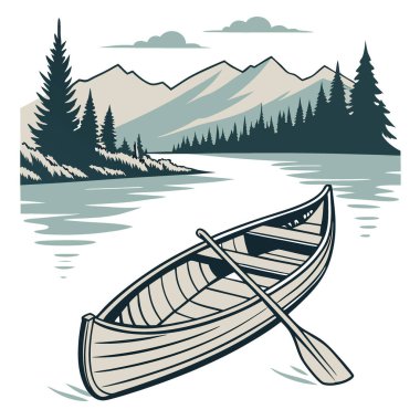 Kürekli ahşap kano Serene Gölleri Maceracı Nehirler Güzel Sanatçılık. Yapay zeka üretildi. Vektör simgesi