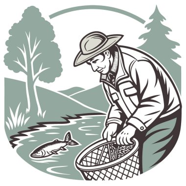 Bir balıkçı, AI 'nin ürettiği balık ağını dikkatlice nehrin kenarındaki kovaya yerleştirir. Vektör simgesi