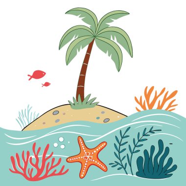 Üzerinde palmiye ağacı olan küçük bir ada ve denizin altında deniz yıldızı balığı yapay zeka oluşturdu. Vektör simgesi