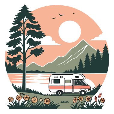Huzurlu bir Günbatımı Kamp Gezisi Dağlardaki Huzur Gölü 'nün yanında bir karavanla. Yapay zeka üretildi. Vektör simgesi