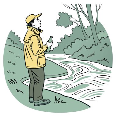 Sarı ceketli bir adam nehirde dururken bir şişe su tutuyor. Yapay zeka üretildi. Vektör simgesi