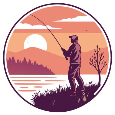 Balıkçı 'nın Alacakaranlığı. Siluetli Balıkçı, Günbatımı Gölü Arkaplan Etiketine Karşı. Yapay zeka üretildi. Vektör simgesi