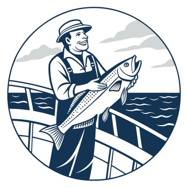 Balıkçı az önce denizde yakaladığı büyük balığı tutarken gülümsüyor. Yapay zeka üretildi. Vektör simgesi