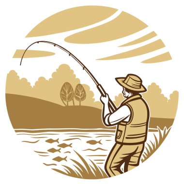 Gün batımında sakin bir gölde başarılı bir yakalayıştan sonra oltayı çeken balıkçı. Yapay zeka üretildi. Vektör simgesi