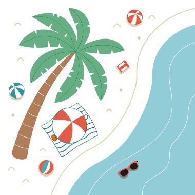 Tepedeki daire, yaz temalı bir fotokopi uzay görüntüsünde bir palmiye ağacının yüzüşünü gösteriyor. Yapay zeka üretildi. Vektör simgesi