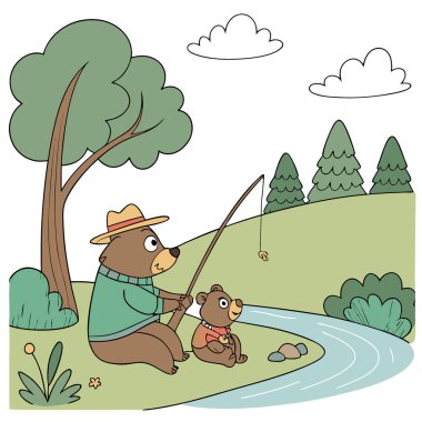 İki ayının, yapay zekanın oluşturduğu sakin bir manzarada balık avlama gezisinin keyfini çıkardığı iç açıcı bir sahne. Vektör simgesi