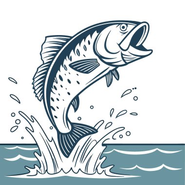 Sudan fırlayan koca ağızlı bir levrek. Yapay zekanın ürettiği su damlacıklarını yaratıyor. Vektör simgesi