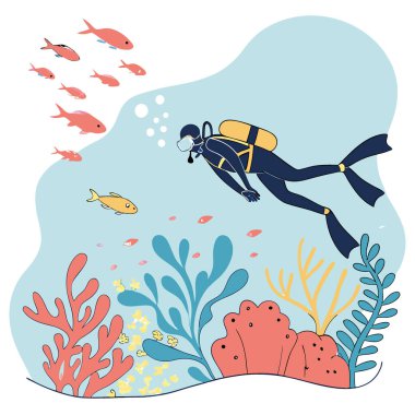 Güzel bir su altı anı, bir dalgıcın yapay zekayla oluşturduğu büyük bir balık sürüsüyle buluşması. Vektör simgesi