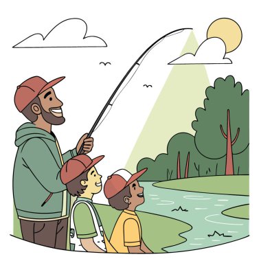 Babalar gününü sevdiklerinizle unutulmaz bir balık tutma gezisiyle kutlayın. Yapay zeka üretildi. Vektör simgesi