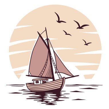 Balıkçı teknesi, üzerinde deniz kuşları uçuşan sakin suların üzerinde gün batımına doğru yelken açar. - Evet. Yapay zeka üretildi. Vektör simgesi