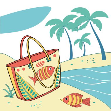 Deniz tarzı yaz atmosferi için kumlu sahilde balık tasarımı yapılmış renkli bir plaj çantası. Yapay zeka üretildi. Vektör simgesi