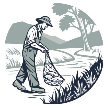 Balıkçı nehirde balık tuttuktan sonra balık ağıyla dolu tatlı su balığı tutuyor. Yapay zeka üretildi. Vektör simgesi