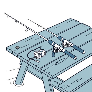 Yıpranmış mavi bir ahşap masada dinlenen oltalar bir günlük oltaya hazır. Yapay zeka üretildi. Vektör simgesi