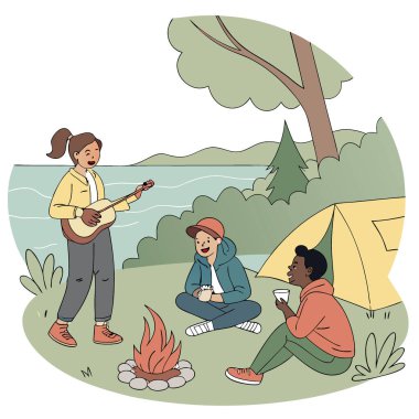 Neşeli Karışık Cinsiyetli Gençler Gençlik Gününü Lakeside Kampı gezisiyle kutluyor. Yapay zeka üretildi. Vektör simgesi