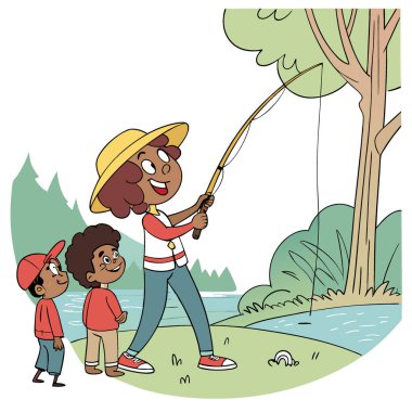 Neşeli Çocuğun Aileyle İlk Balık Avı Macerası. Paha biçilemez anıları yakalamak. Yapay zeka üretildi. Vektör simgesi