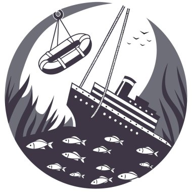 Batık bir yolcu gemisinden sallanan yırtık bir cankurtaran botu. Yapay zekanın ürettiği balık sürüleriyle çevrili. Vektör simgesi