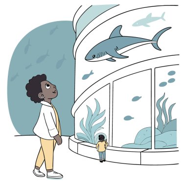 Modern bir turizm merkezinde büyük bir akvaryuma hayran olan siyah bir gezginin çocuğu yapay zeka üretiyor. Vektör simgesi