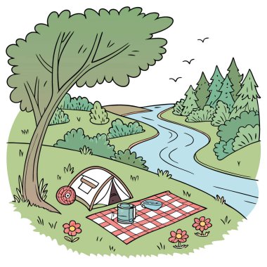 Nehir kenarındaki kamp alanının manzarası. Balıkçılık malzemeleri ve piknik battaniyesi. Yapay zeka üretildi. Vektör simgesi