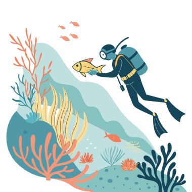 Temiz sularda su altında balık avlama tecrübesi. Elinde taze bir balık var. Yapay zeka üretildi. Vektör simgesi