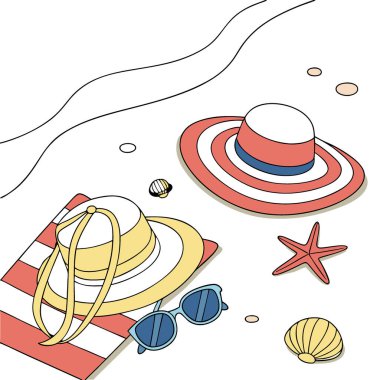 Okyanus manzaralı, şapkalı bir hayat. Deniz kabukları. Güneş gözlüğü. Ve parlak gökyüzünün altında kum. Yapay zeka üretildi. Vektör simgesi