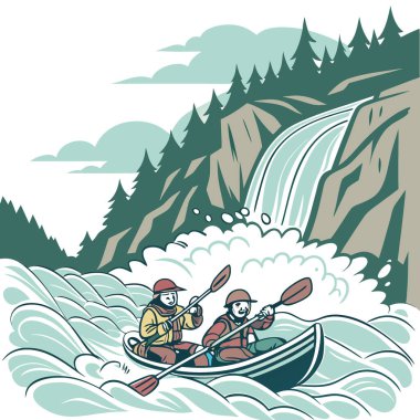 Whitewater güçlü bir nehirde rafting yapıyor. Su sıçratan dalgalar ve yoğun hareketlerle. Yapay zeka üretildi. Vektör simgesi