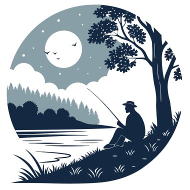 Tranquil Lakeside Under the Stars 'ın Sazan Balıkçılığının tadını çıkarıyorum. Yapay zeka üretildi. Vektör simgesi