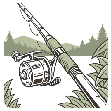 Yakından Balıkçılık Çubuğu & Makara. Rustic Lake Escape - Balık tutma günü makaleleri için mükemmel. Yapay zeka üretildi. Vektör simgesi