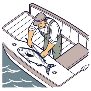 Balıkçı elleri, denizcilik tasarımı için yüksek çözünürlükte teknede taze balık temizliyor. Yapay zeka üretildi. Vektör simgesi