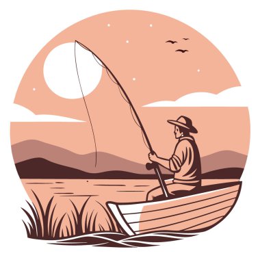 Gün batımında teknede olta kamışı avlamak doğanın dinginliğinde sakin bir balıkçı deneyimi. Yapay zeka üretildi. Vektör simgesi