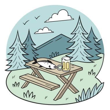Kamp masasında balık ve bira. Doğanın Güzelliği ile Kırsal Macera Sahnesi. Yapay zeka üretildi. Vektör simgesi
