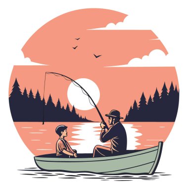 Huzurlu bir gölde gün batımının tadını çıkaran bir baba ve oğulun fotoğrafı. Yapay zeka üretildi. Vektör simgesi