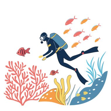 Tam teçhizatlı dalgıç, yapay zekanın ürettiği açık bir sualtı ortamında bir balık sürüsünün yanında yüzüyor. Vektör simgesi