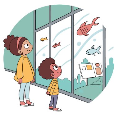 Çocuklar Akvaryumda Balık İzler. Korku ile Sucul Yaşamı 'nı gözlemlemek. Doğadan büyülendim. Yapay zeka üretildi. Vektör simgesi