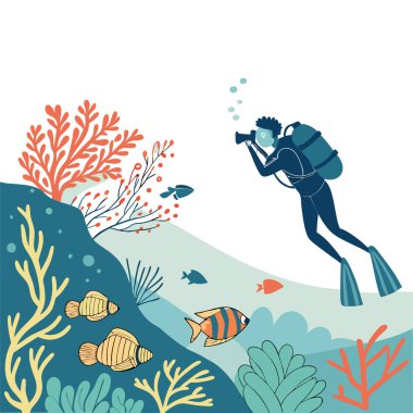 Bitkilerle dolu sualtı manzarası. Balık. Dalış. Fotoğrafçılık. Vahşi yaşam. Okyanus seyahati yapay zeka üretildi. Vektör simgesi